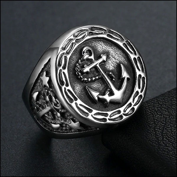 Men's Oxidized Stainless Steel Anchor Ring