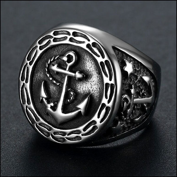 Men's Oxidized Stainless Steel Anchor Ring
