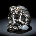 Men's Silver Skull Ring with Gold Aviator Goggles
