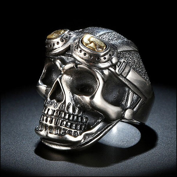 Men's Silver Skull Ring with Gold Aviator Goggles