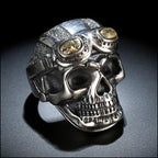 Men's Silver Skull Ring with Gold Aviator Goggles
