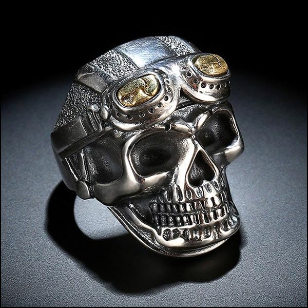 Men's Silver Skull Ring with Gold Aviator Goggles
