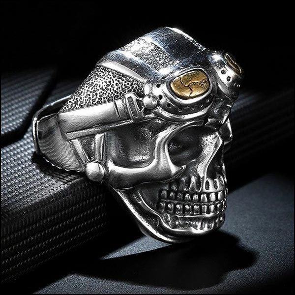 Men's Silver Skull Ring with Gold Aviator Goggles