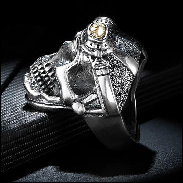 Men's Silver Skull Ring with Gold Aviator Goggles