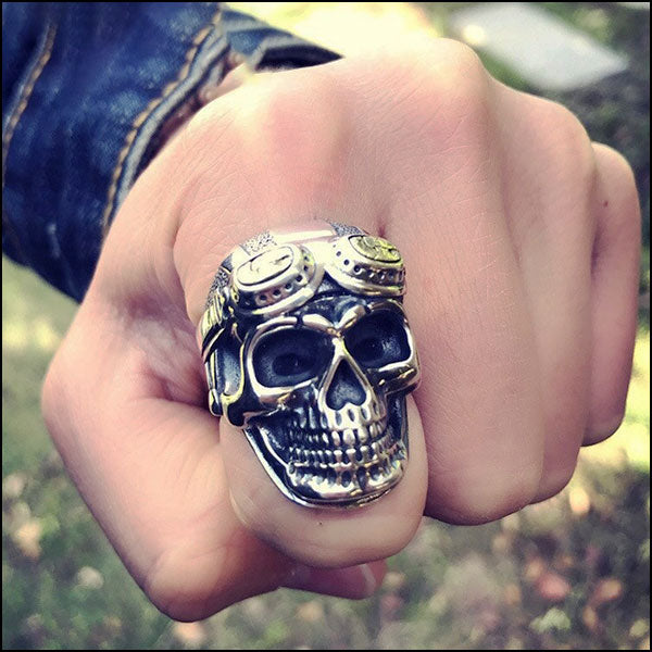 Men's Silver Skull Ring with Gold Aviator Goggles
