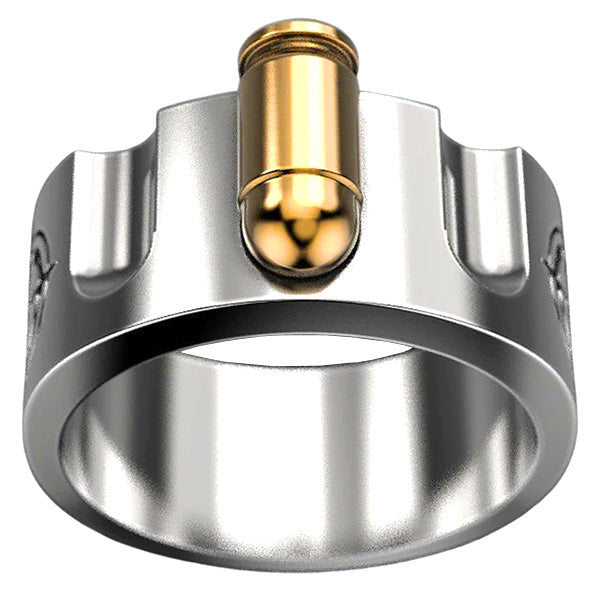 Men's Stainless Steel Revolver Ring with Gold Bullet