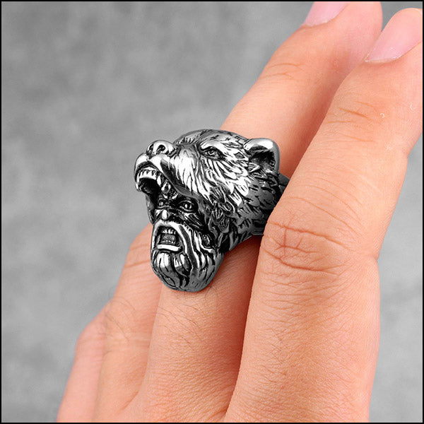 Oxidized Silver Ring with Bear Head & Screaming Face