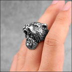 Oxidized Silver Ring with Bear Head & Screaming Face