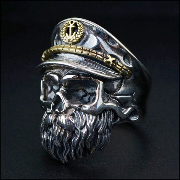 Men's Nautical Captain Skull Ring with Beard