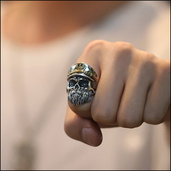 Men's Nautical Captain Skull Ring with Beard