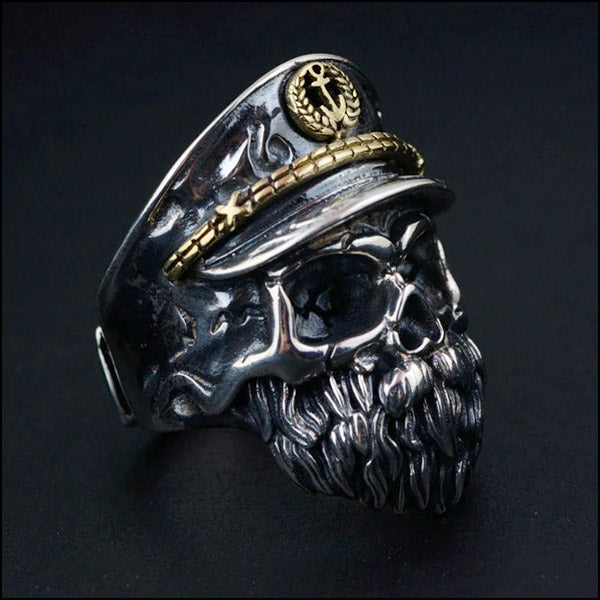 Men's Nautical Captain Skull Ring with Beard