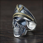 Men's Silver Skull Ring with Captain Hat and Gold Eagle