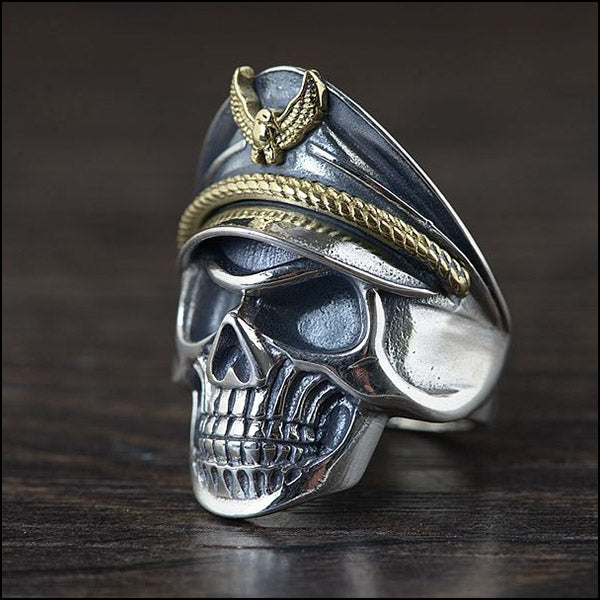 Men's Silver Skull Ring with Captain Hat and Gold Eagle