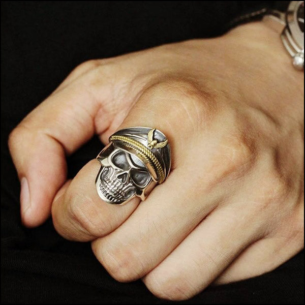 Men's Silver Skull Ring with Captain Hat and Gold Eagle