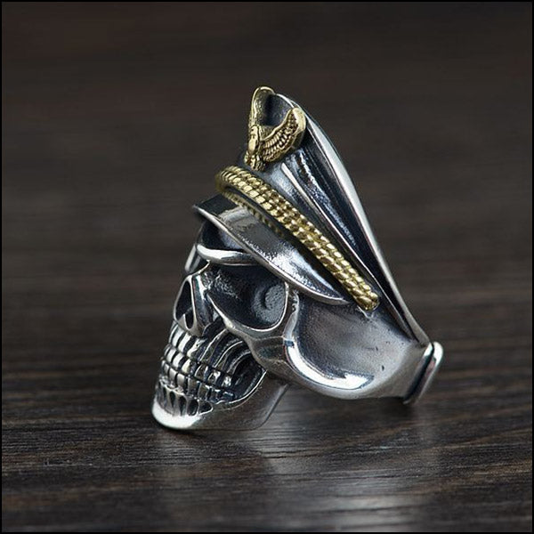 Men's Silver Skull Ring with Captain Hat and Gold Eagle