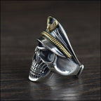 Men's Silver Skull Ring with Captain Hat and Gold Eagle