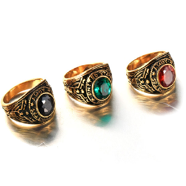 Men's Gold-Tone Army Signet Ring with Red Stone