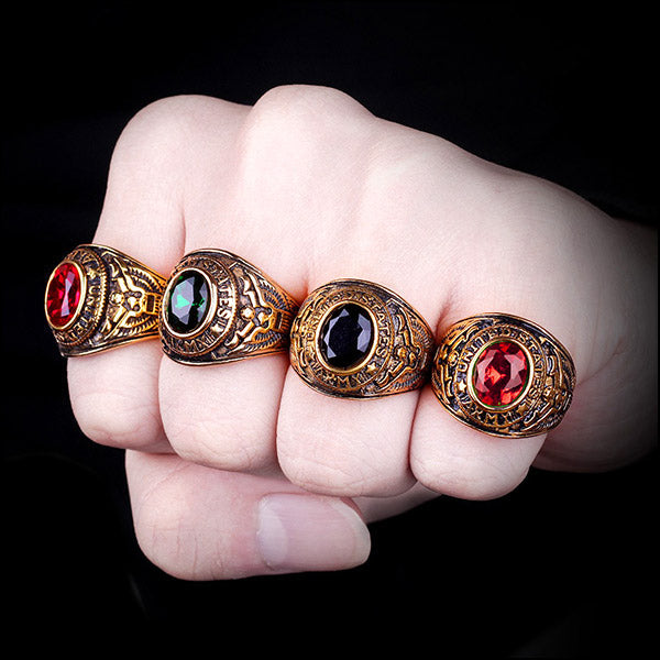 Men's Gold-Tone Army Signet Ring with Red Stone