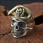 Men's Two-Tone Skull Ring with Gold Beret & Cigar