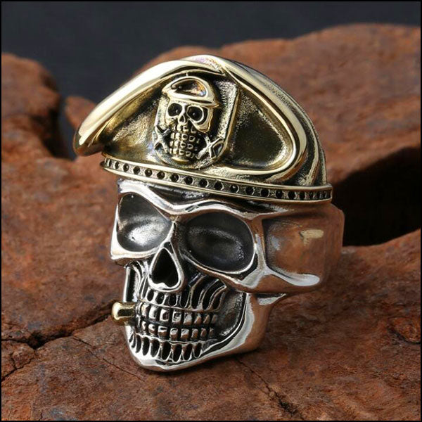 Men's Two-Tone Skull Ring with Gold Beret & Cigar