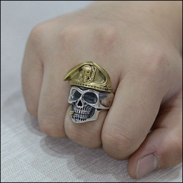 Men's Two-Tone Skull Ring with Gold Beret & Cigar
