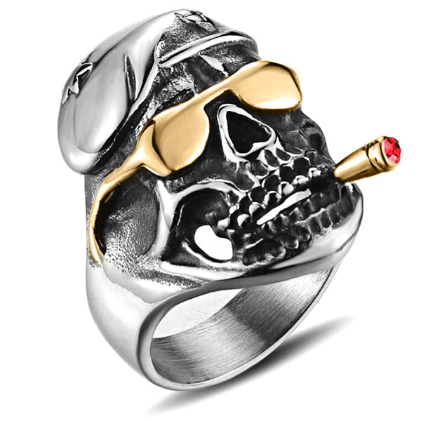 Biker Skull Ring with Gold Shades and Red Gem Cigar