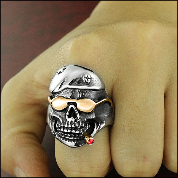 Biker Skull Ring with Gold Shades and Red Gem Cigar