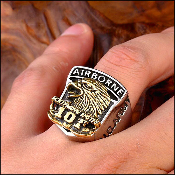 Men's Stainless Steel Airborne 10 Gold Eagle Ring
