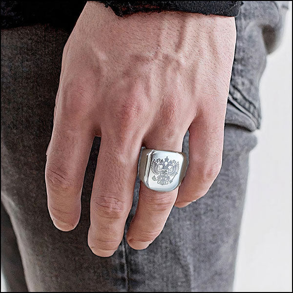 Men's Stainless Steel Russian Eagle Crest Signet Ring