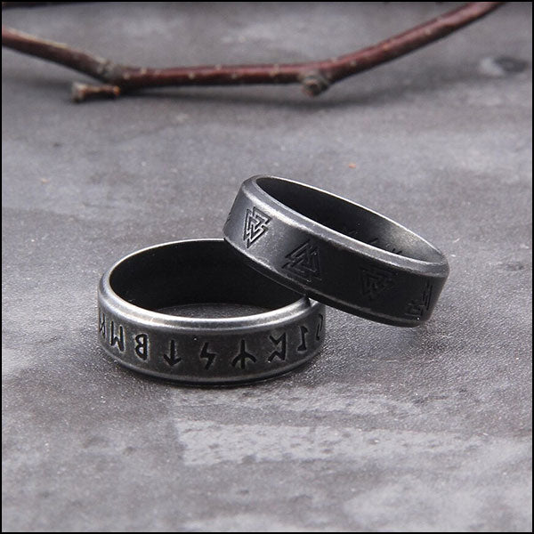 Viking Stainless Steel Band Ring with Runes & Valknut