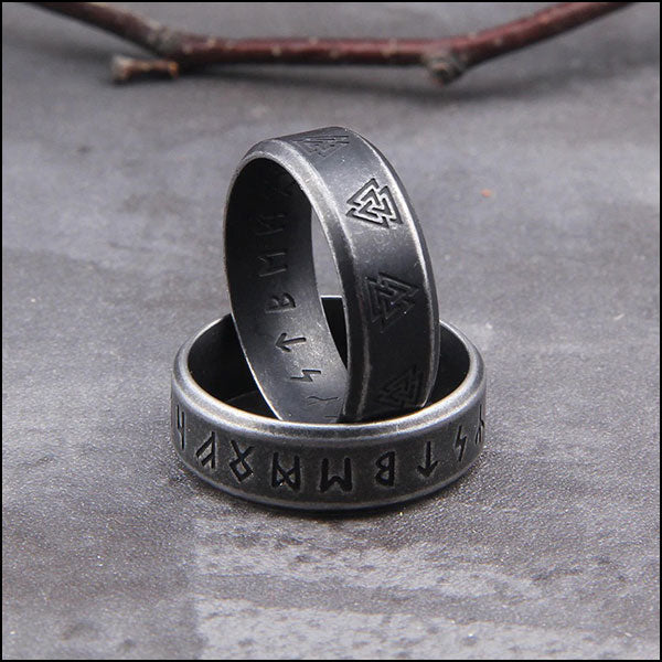 Viking Stainless Steel Band Ring with Runes & Valknut