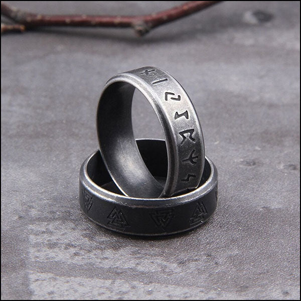 Viking Stainless Steel Band Ring with Runes & Valknut
