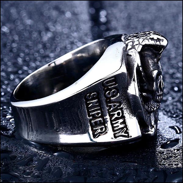 Men's Stainless Steel Skull Snake Ring US Army Sniper