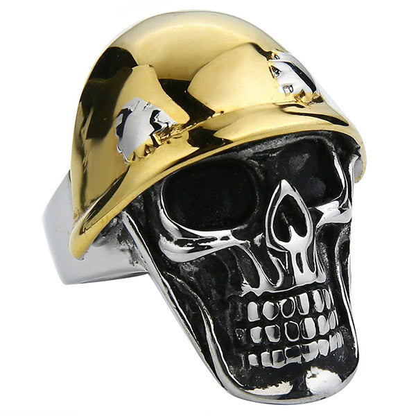 Men's Two-Tone Skull Ring with Gold Helmet