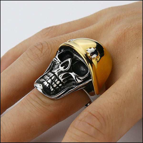 Men's Two-Tone Skull Ring with Gold Helmet