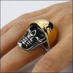 Men's Two-Tone Skull Ring with Gold Helmet