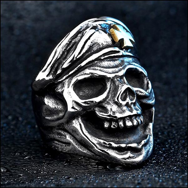 Men's Biker Skull Ring with Gold Cross Beret