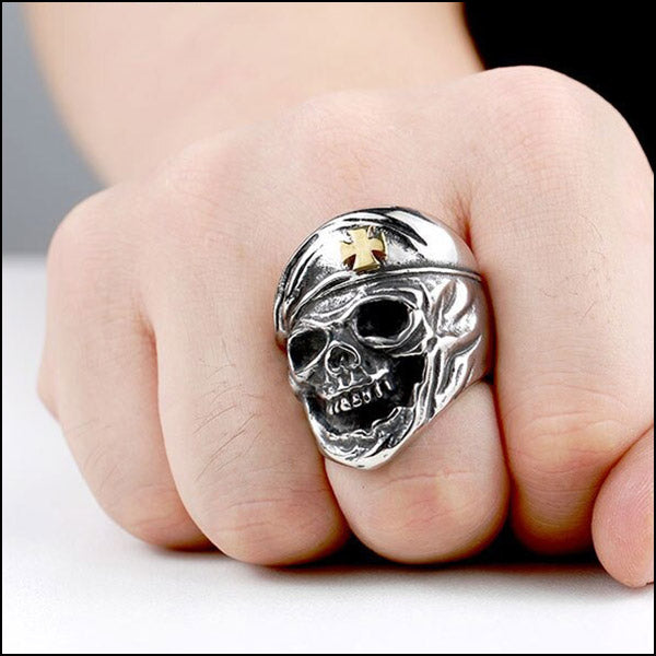 Men's Biker Skull Ring with Gold Cross Beret