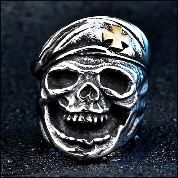 Men's Biker Skull Ring with Gold Cross Beret