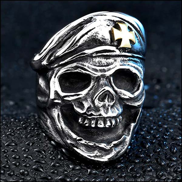 Men's Biker Skull Ring with Gold Cross Beret