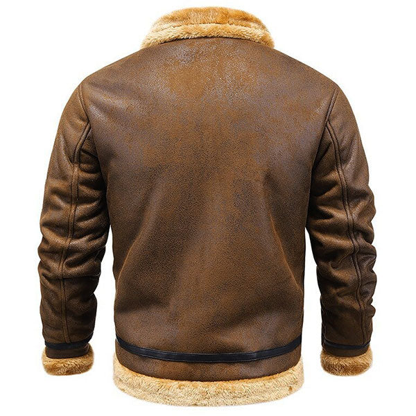 Men's Brown Aviator Faux Leather Jacket with Fur