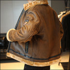 Men's Brown Aviator Faux Leather Jacket with Fur