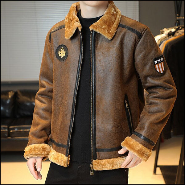 Men's Brown Aviator Faux Leather Jacket with Fur