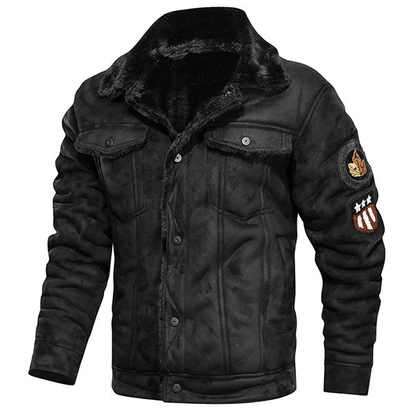 Men's Black Faux Suede Aviator Jacket with Patches