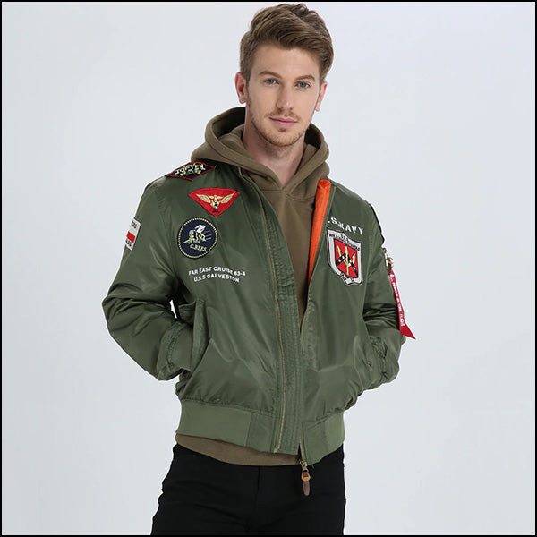 Men's Olive Green US Navy Patch Bomber Jacket