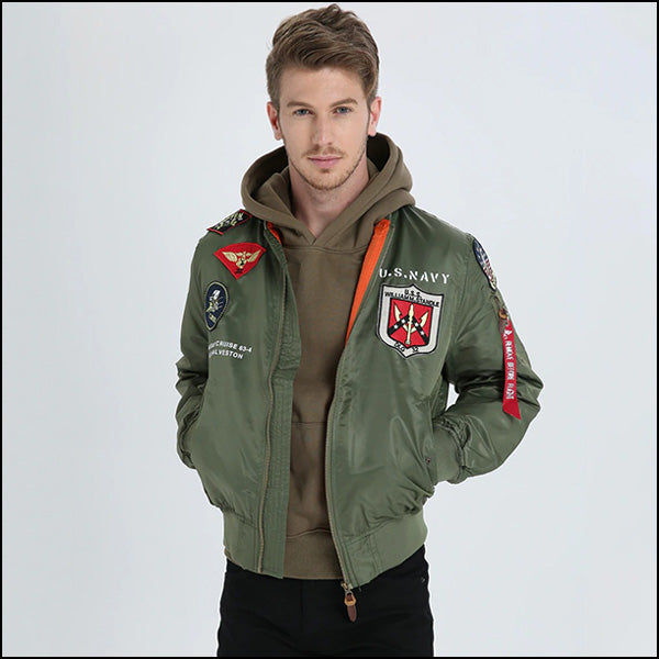 Men's Olive Green US Navy Patch Bomber Jacket