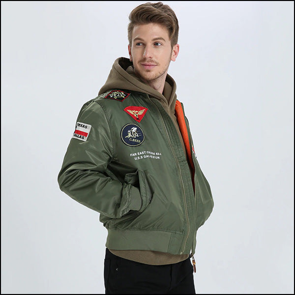 Men's Olive Green US Navy Patch Bomber Jacket