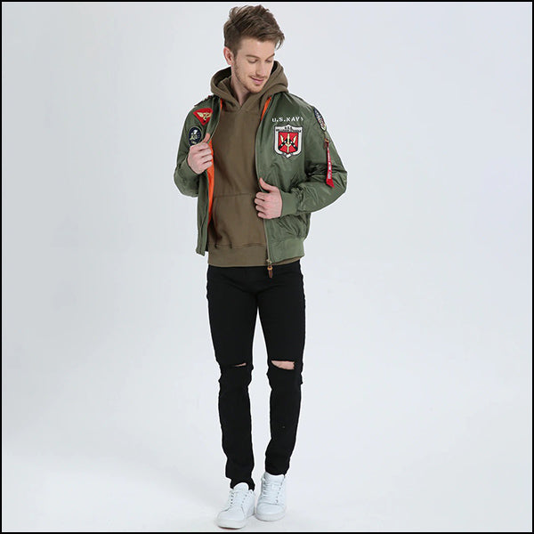 Men's Olive Green US Navy Patch Bomber Jacket