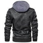 Men's Black Faux Leather Moto Jacket with Grey Hood