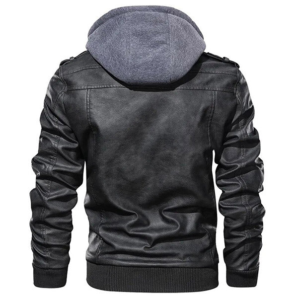 Men's Black Faux Leather Moto Jacket with Grey Hood
